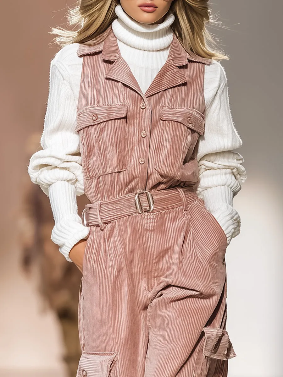Fashionable And Casual Pink Corduroy Multi-pocket Sleeveless Jumpsuit sold by Oyrosy product image thumbnail 3