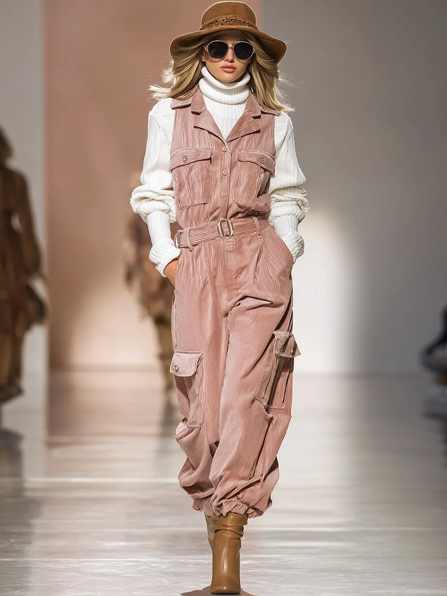 Fashionable And Casual Pink Corduroy Multi-pocket Sleeveless Jumpsuit sold by Oyrosy product image thumbnail 2