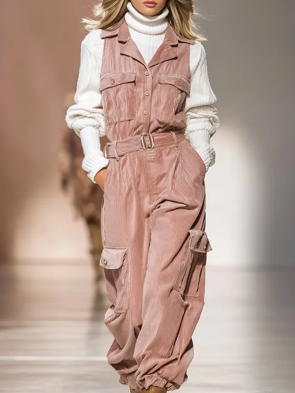 Fashionable And Casual Pink Corduroy Multi-pocket Sleeveless Jumpsuit sold by Oyrosy