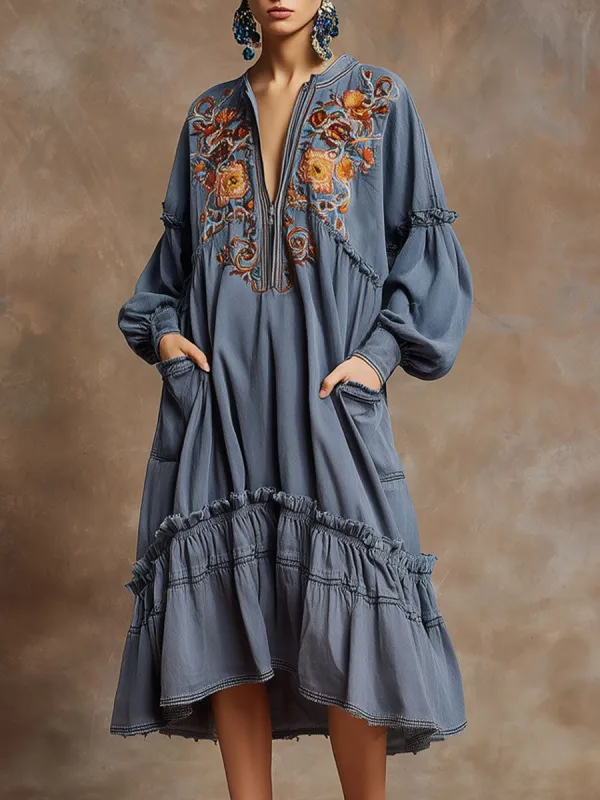 Vintage Half-zip Floral Embroidered Blue Denim Long-sleeved Ruffle Midi Dress sold by Oyrosy