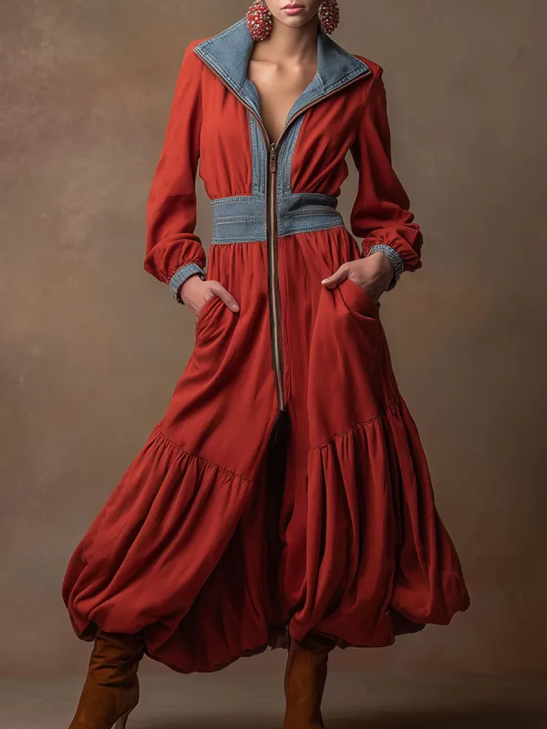 Casual Retro Zip-up Denim Patchwork Red Sweatshirt Dress With Tulip-shaped Maxi Dress sold by Oyrosy