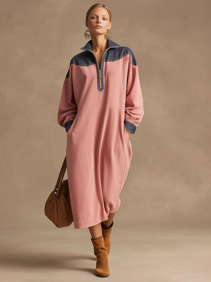 Casual Retro Pink And Blue Denim Long-sleeved Half-zip Midi Dress sold by Oyrosy product image thumbnail 2