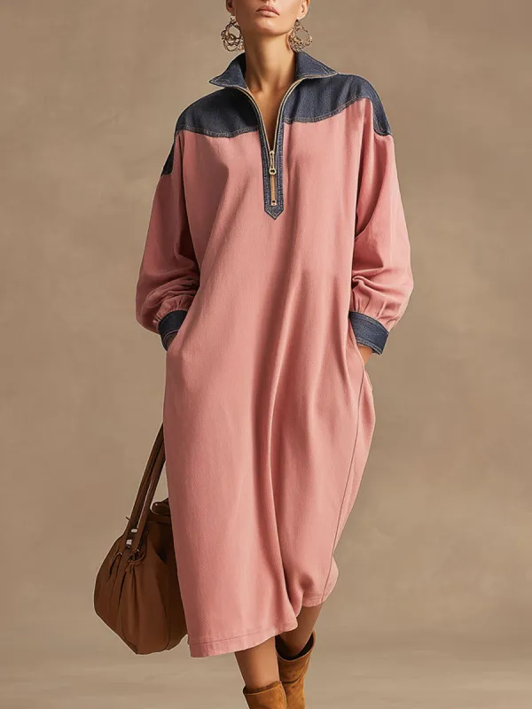 Casual Retro Pink And Blue Denim Long-sleeved Half-zip Midi Dress sold by Oyrosy