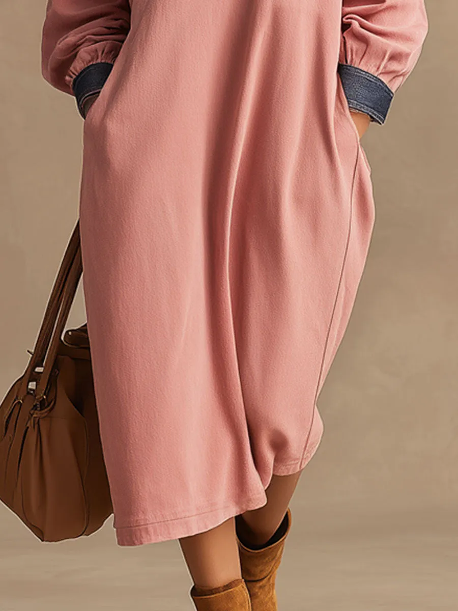 Casual Retro Pink And Blue Denim Long-sleeved Half-zip Midi Dress sold by Oyrosy product image thumbnail 4