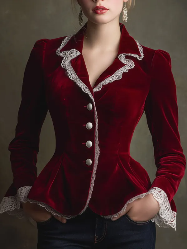 Chic Retro Burgundy Velvet Waist-cinching Lace-trimmed Blazer sold by Oyrosy