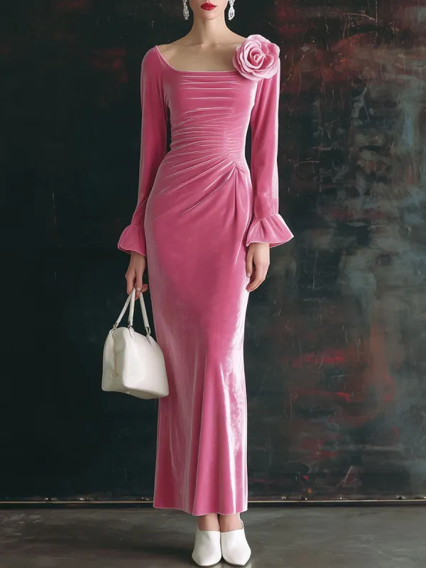 Elegant Retro Pink Velvet 3D Floral Long-Sleeved Maxi Dress sold by Oyrosy