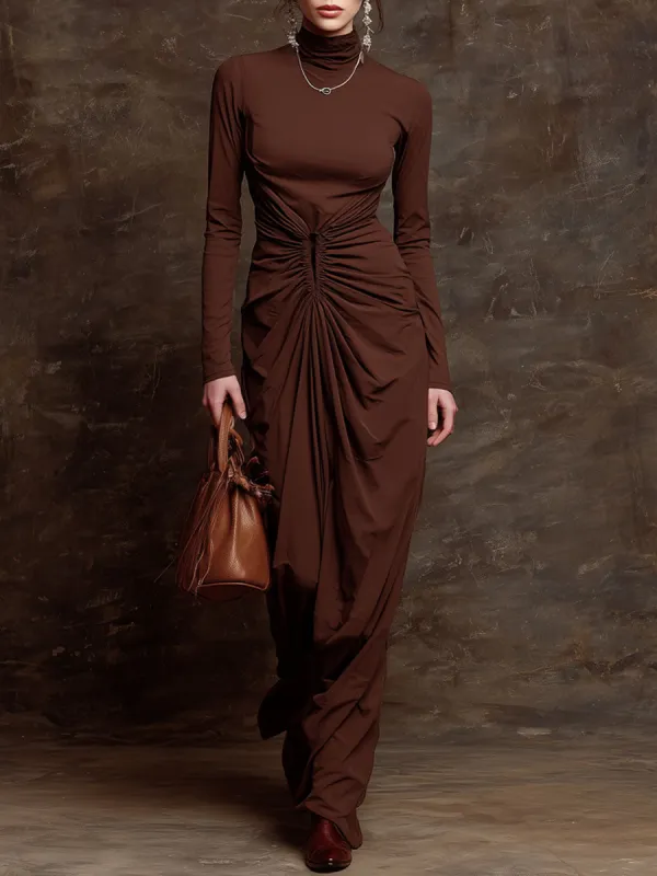 Fashionable Retro Chocolate Cotton Long-sleeved High-neck Pleated Maxi Dress sold by Oyrosy
