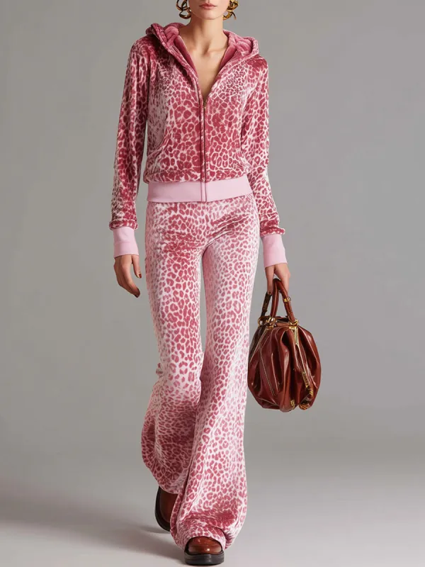Casual Sporty Retro Pink Leopard Print Velvet Hoodie Flared Pants Set sold by Oyrosy