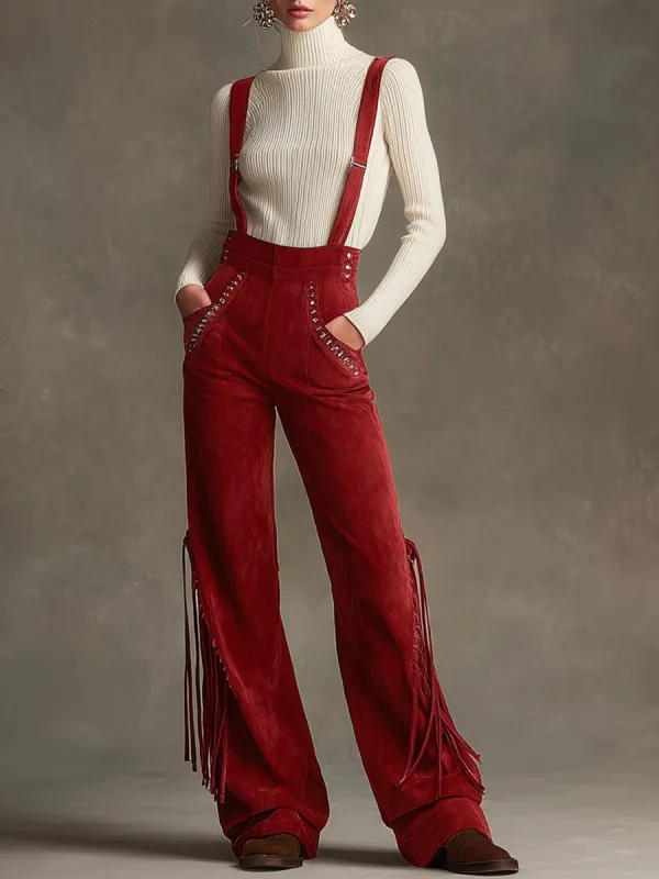 Western Retro Red Faux Suede Studded Tassel Overalls sold by Oyrosy
