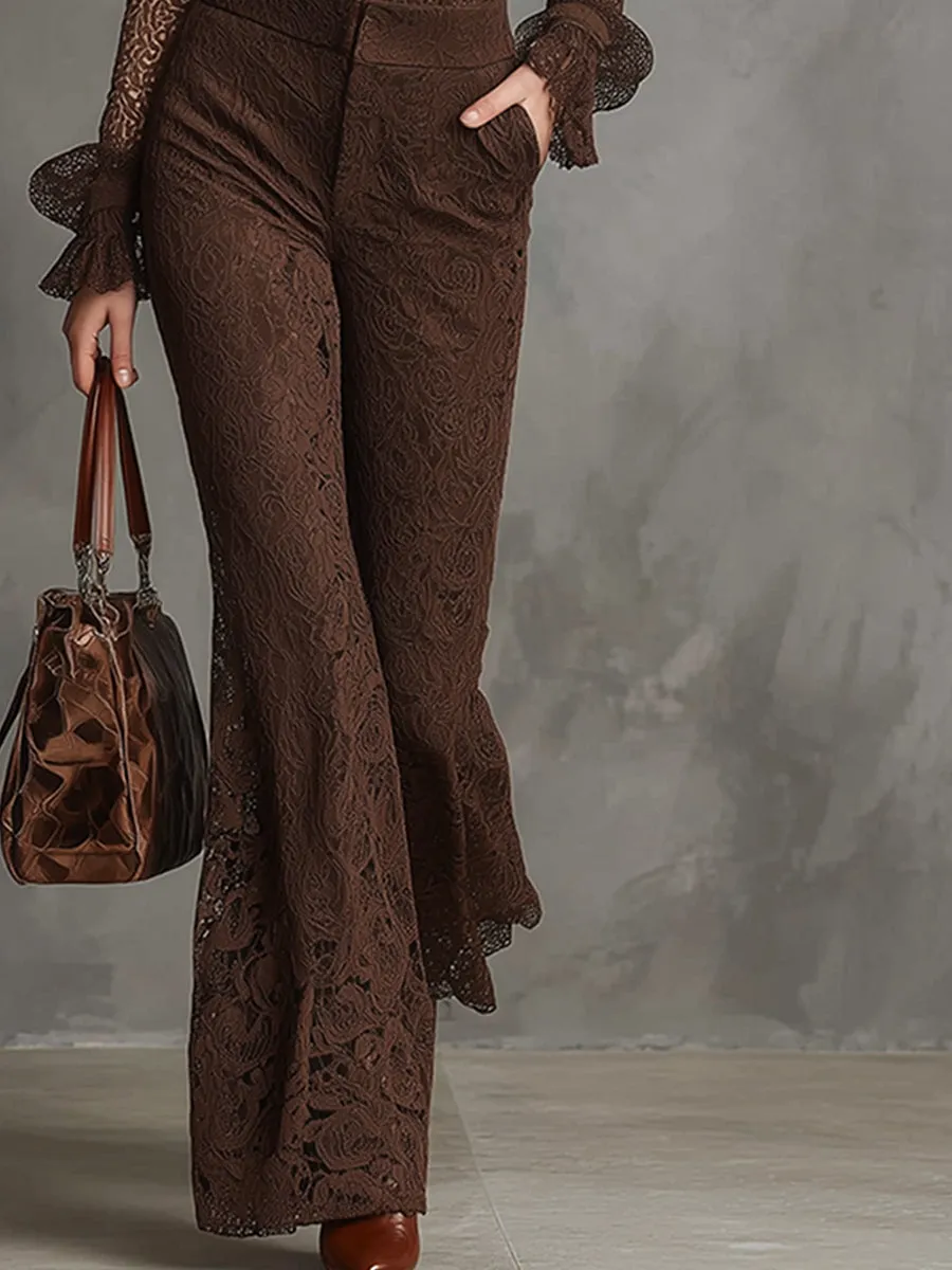 Elegant And Sophisticated Brown Lace Front-zip Shirt And Flared Pants Set sold by Oyrosy product image thumbnail 4