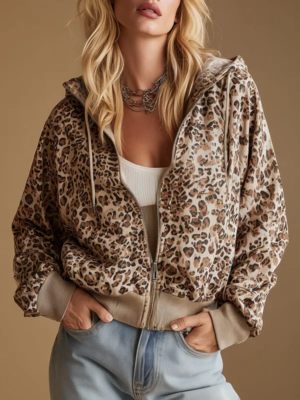 Trendy Urban Sporty Leopard Print Hooded Sweatshirt Jacket sold by Oyrosy