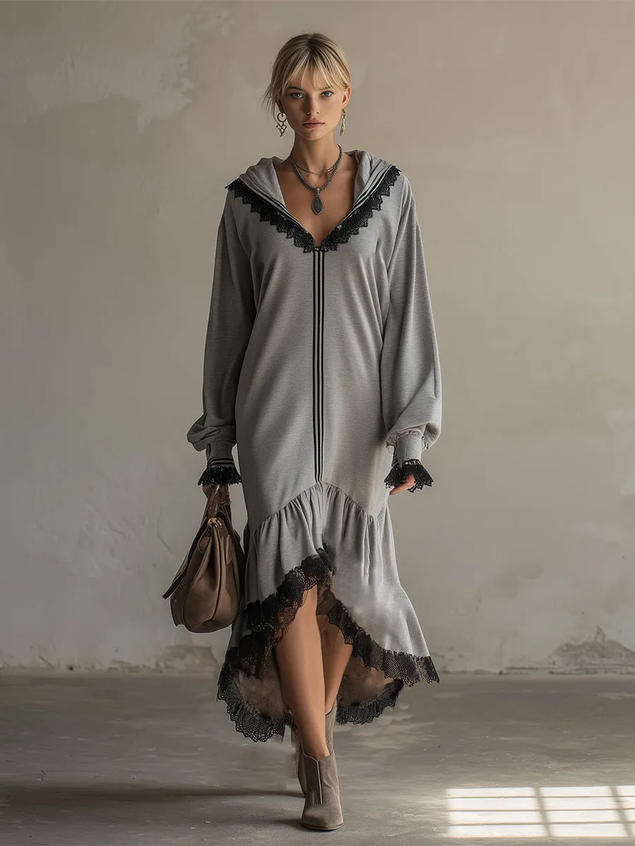 Stylish Sporty Lace-trimmed Grey Hooded Sweatshirt Maxi Dress sold by Oyrosy product image thumbnail 2