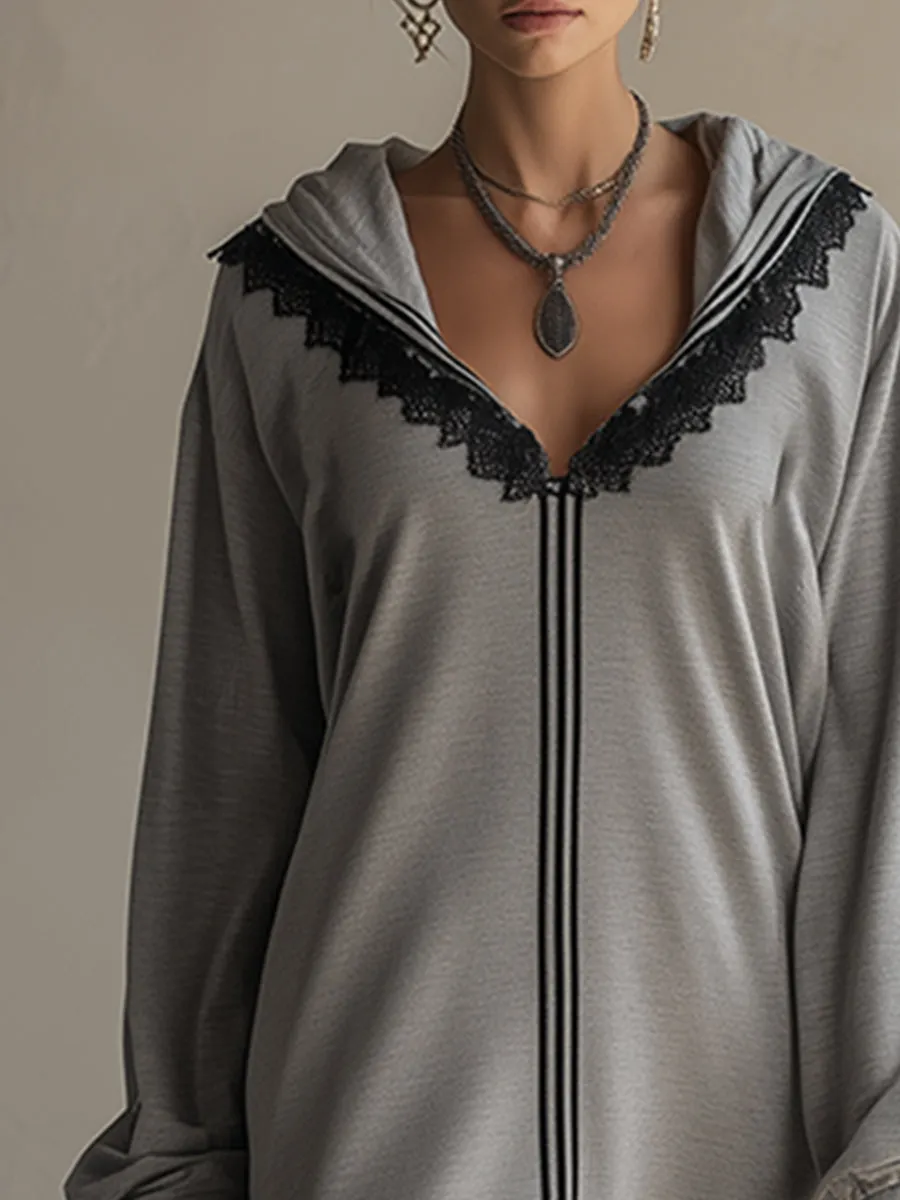 Stylish Sporty Lace-trimmed Grey Hooded Sweatshirt Maxi Dress sold by Oyrosy product image thumbnail 3