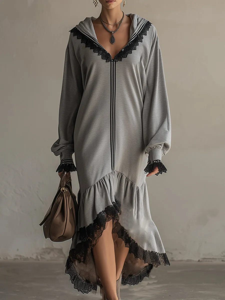 Stylish Sporty Lace-trimmed Grey Hooded Sweatshirt Maxi Dress sold by Oyrosy