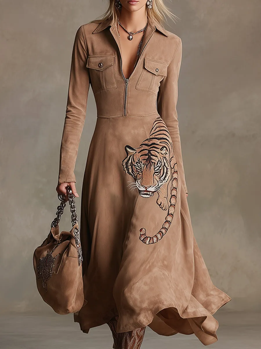 Vintage-style Wild Tiger Embroidered Khaki Lapel Faux Suede Maxi Dress sold by Oyrosy