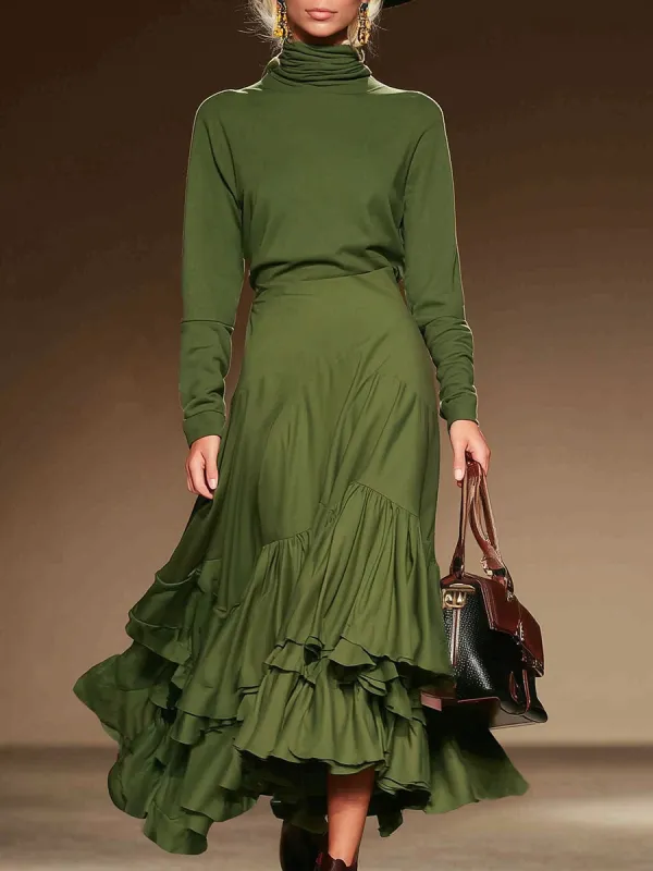 Fashionable Retro Ruffled Green Skirt Set sold by Oyrosy