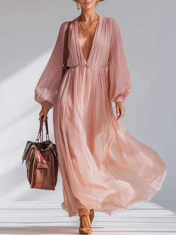 Elegant And Loose-fitting Pink V-neck Chiffon Maxi Dress sold by Oyrosy