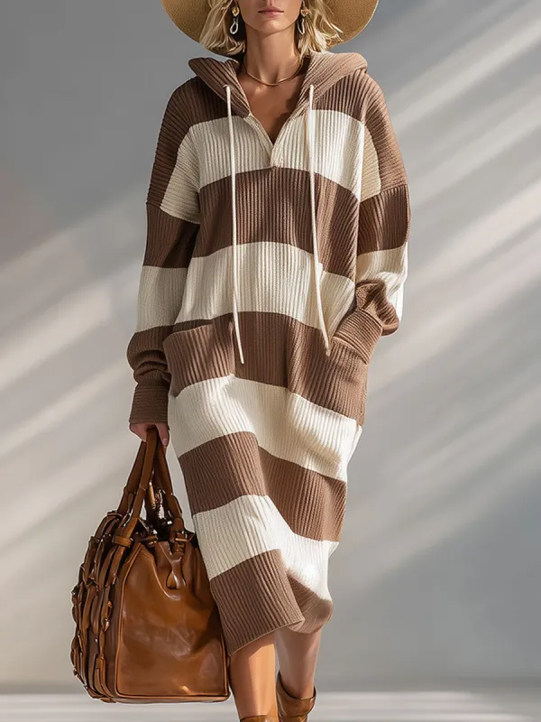 Stylish And Casual Brown And White Striped Hooded Knit Midi Dress sold by Oyrosy