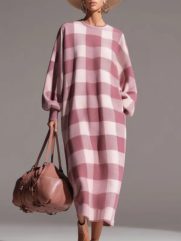 Casual Loose-fitting White And Pink Plaid Round Neck Knit Midi Dress sold by Oyrosy