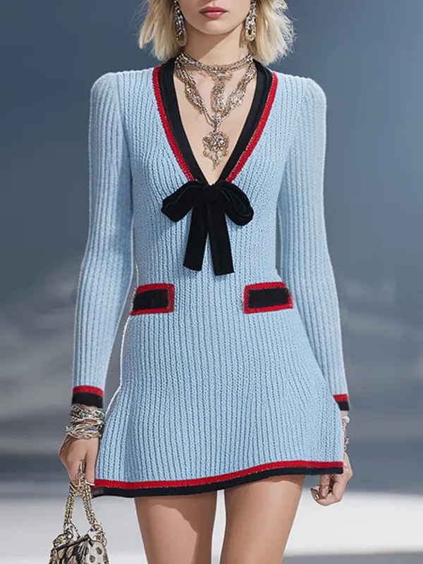 Stylish Retro Black And Red Trimmed Blue Knit Mini Dress sold by Oyrosy