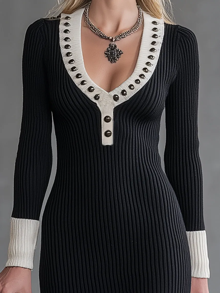 Black Knitted Mini Dress With White U-neck Studded Fur Trim sold by Oyrosy product image thumbnail 3