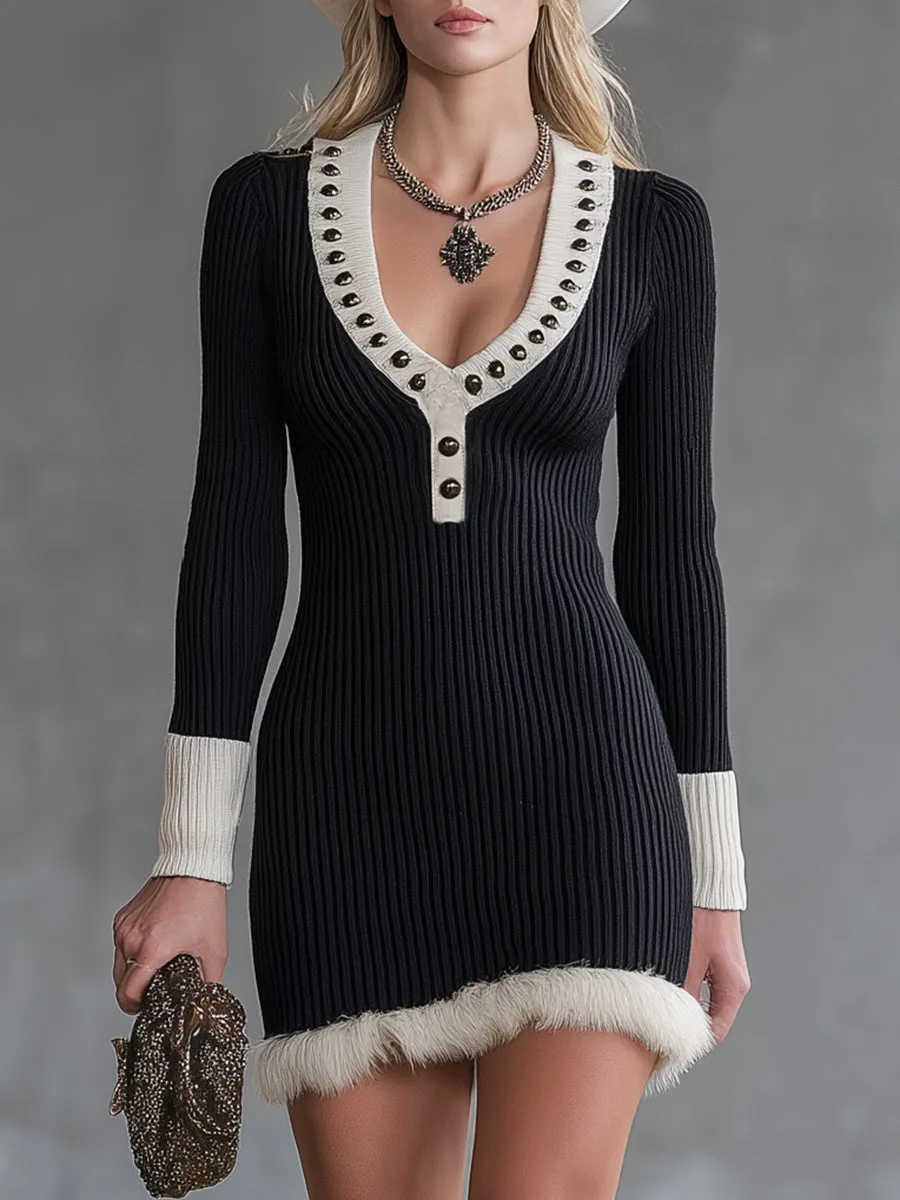 Black Knitted Mini Dress With White U-neck Studded Fur Trim sold by Oyrosy