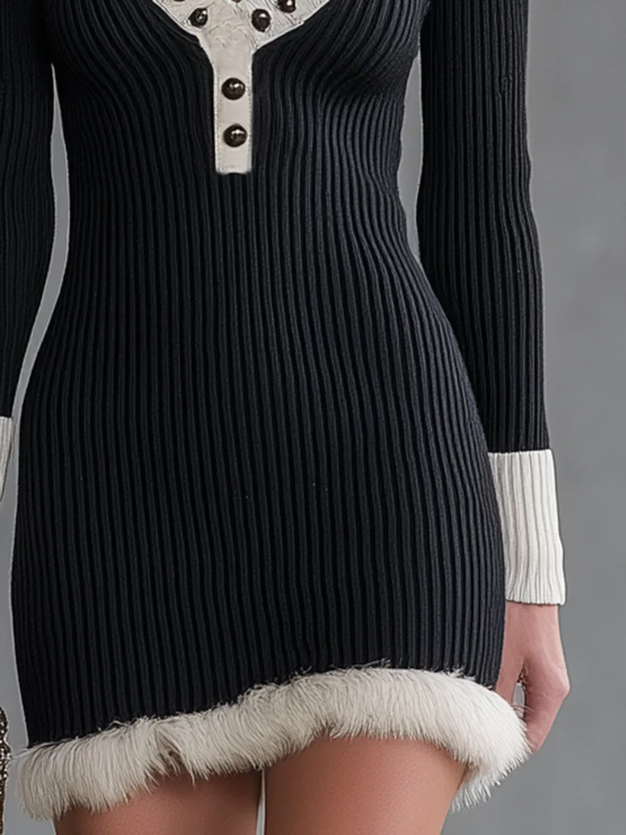 Black Knitted Mini Dress With White U-neck Studded Fur Trim sold by Oyrosy product image thumbnail 4