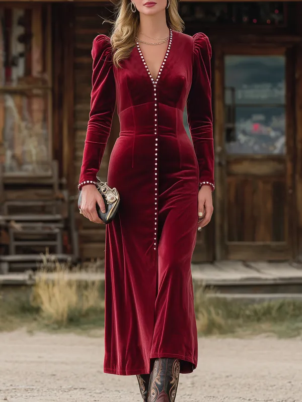 Western Red Velvet V-Neck Studded Midi Dress sold by Oyrosy