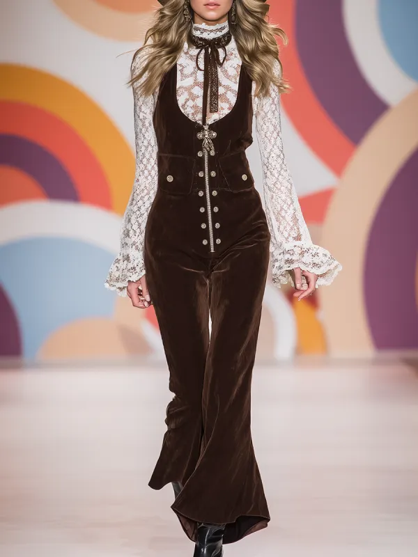 Retro Western Style Brown Corduroy Flared Overalls sold by Oyrosy