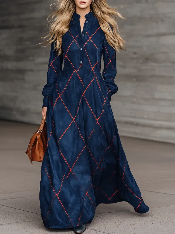 Loose-fitting Western-style Red Diamond-patterned Print Navy Blue Faux Suede Maxi Dress sold by Oyrosy