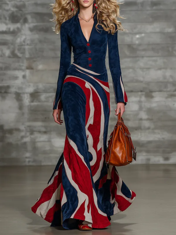 Chic Western-style Printed Blue Faux Suede Maxi Dress sold by Oyrosy