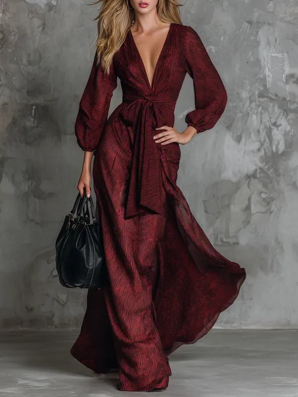 High-end Chic V-neck Tie-up Burgundy Satin Jacquard Maxi Dress sold by Oyrosy