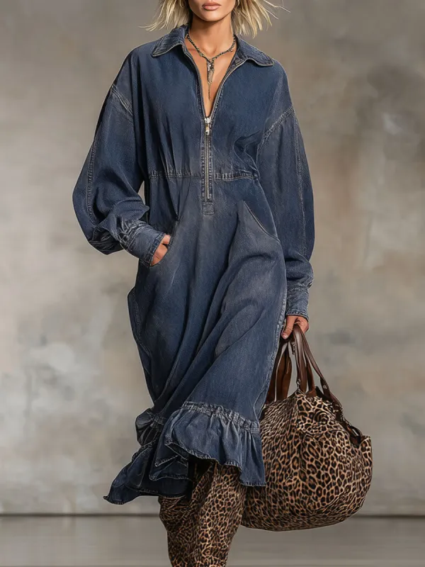 Loose-fitting Zippered Pocket Ruffled Denim Midi Dress sold by Oyrosy