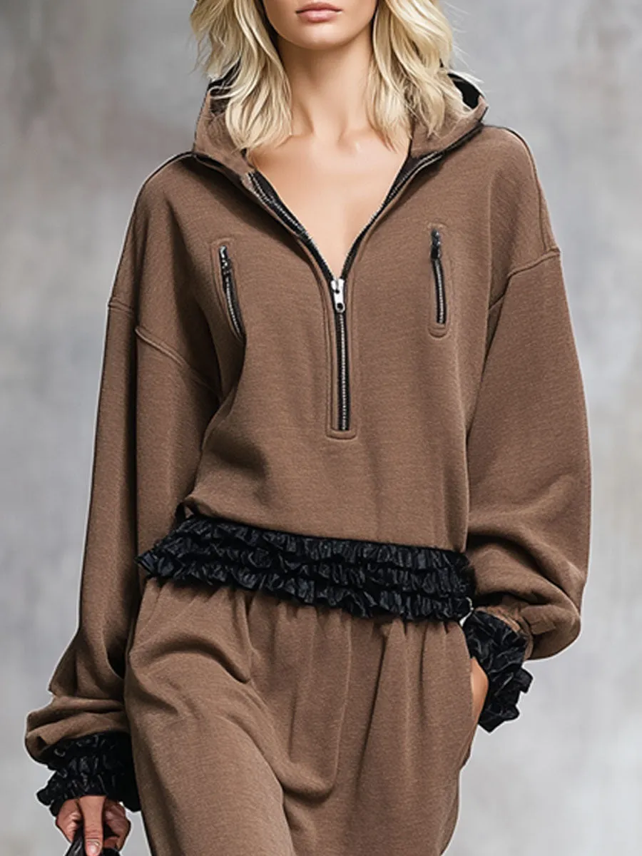 Loose-fitting Zippered Color-blocked Ruffled Midi Dress sold by Oyrosy product image thumbnail 3