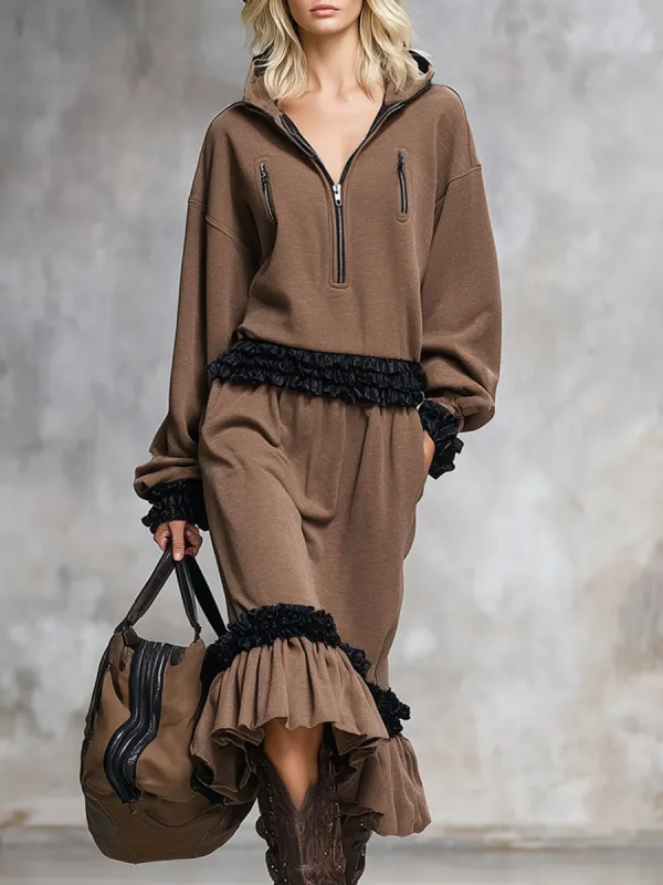 Loose-fitting Zippered Color-blocked Ruffled Midi Dress sold by Oyrosy