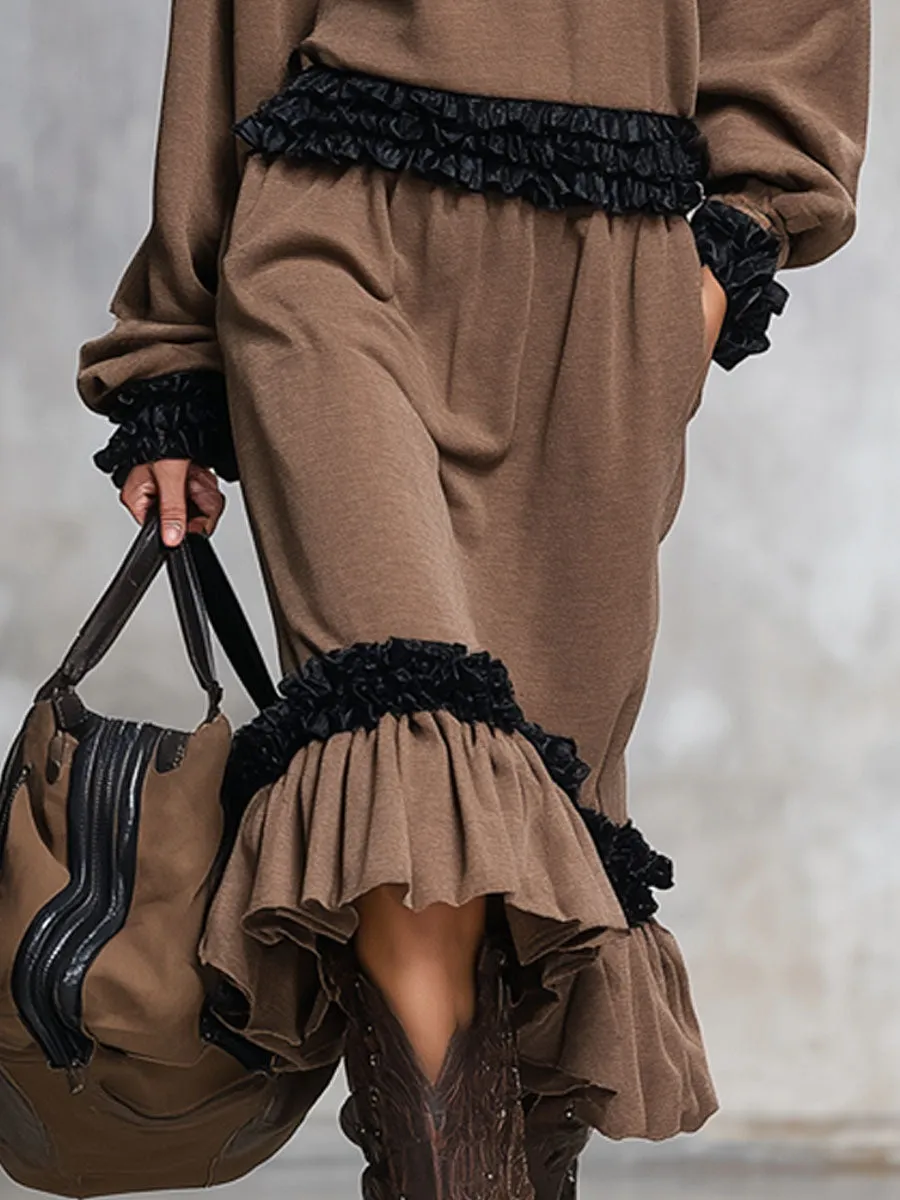Loose-fitting Zippered Color-blocked Ruffled Midi Dress sold by Oyrosy product image thumbnail 2