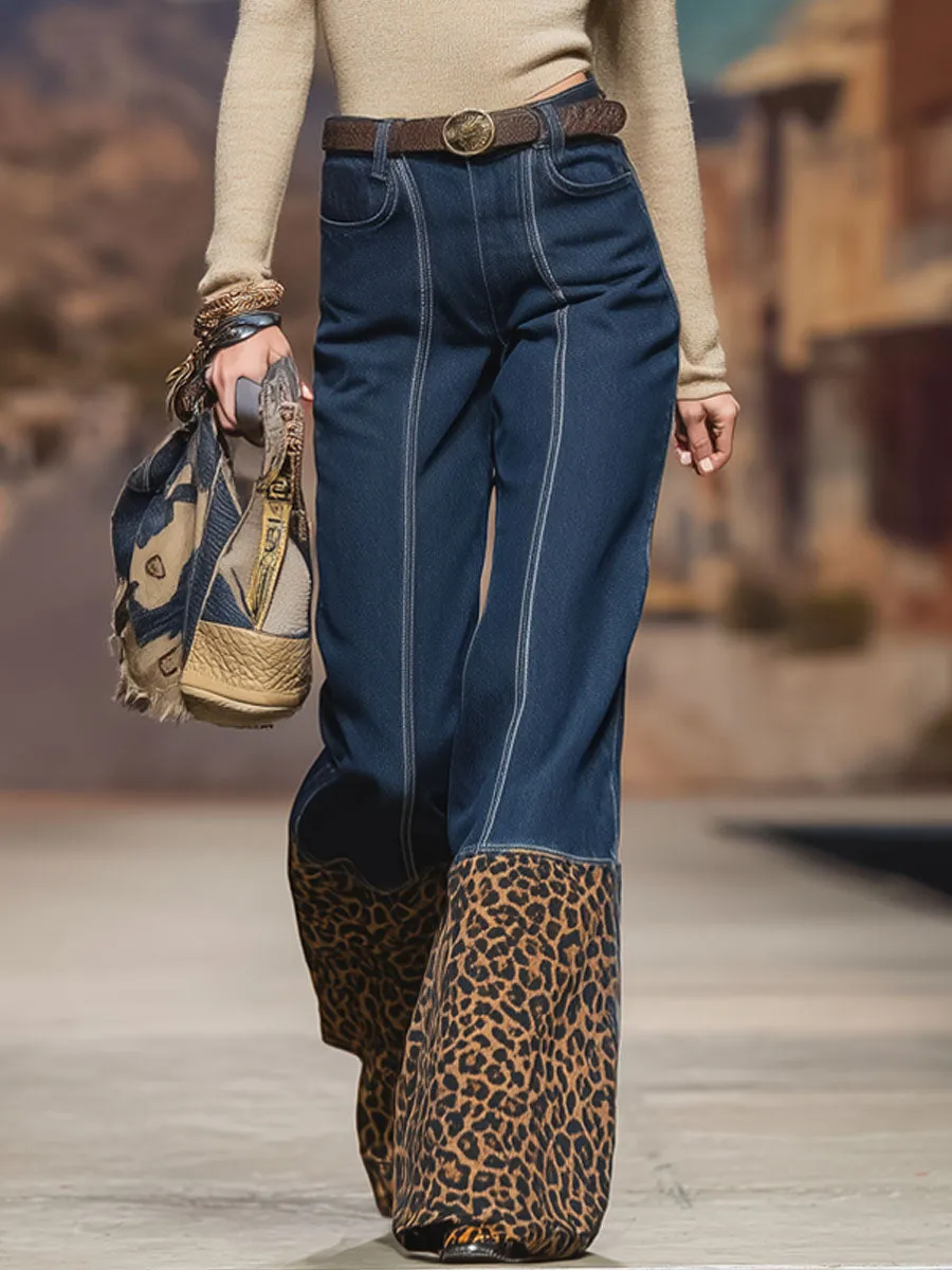 Western-style Leopard Print Patchwork Denim Wide-leg Pants sold by Oyrosy