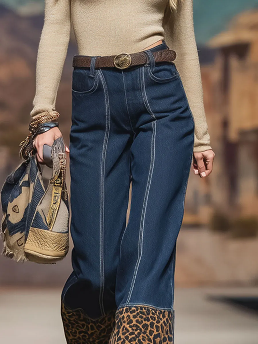 Western-style Leopard Print Patchwork Denim Wide-leg Pants sold by Oyrosy product image thumbnail 2
