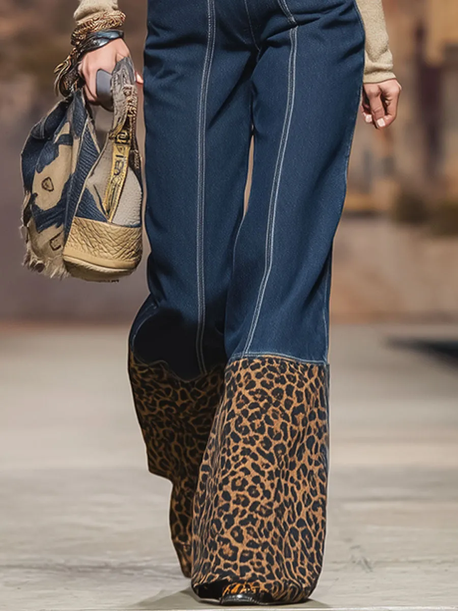 Western-style Leopard Print Patchwork Denim Wide-leg Pants sold by Oyrosy product image thumbnail 3