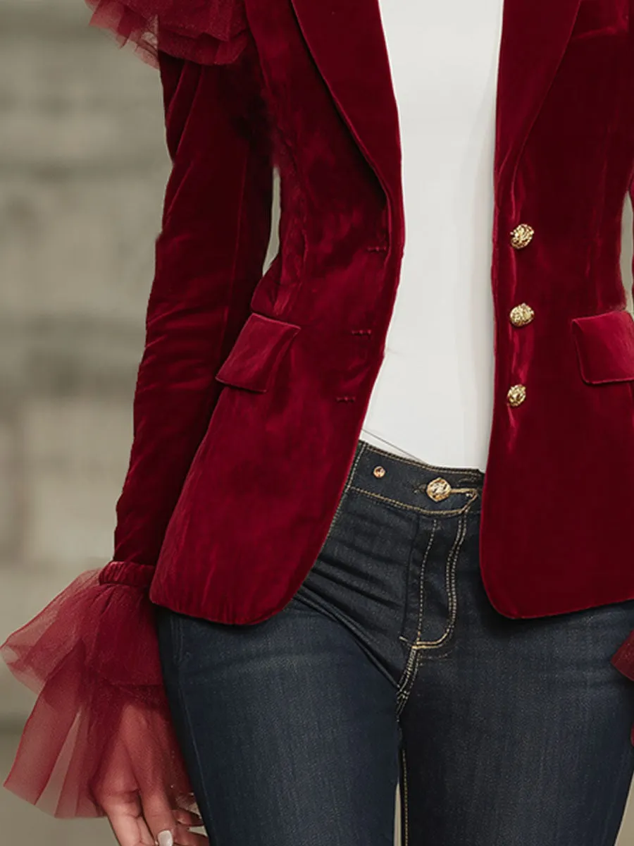 Lapel Single-breasted Tulle Ruffle Trim Velvet Blazer sold by Oyrosy product image thumbnail 3