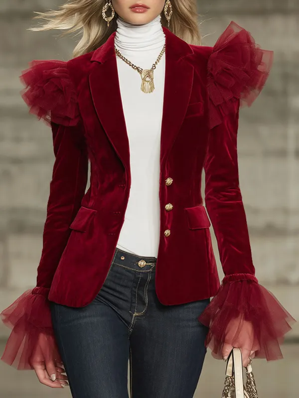 Lapel Single-breasted Tulle Ruffle Trim Velvet Blazer sold by Oyrosy