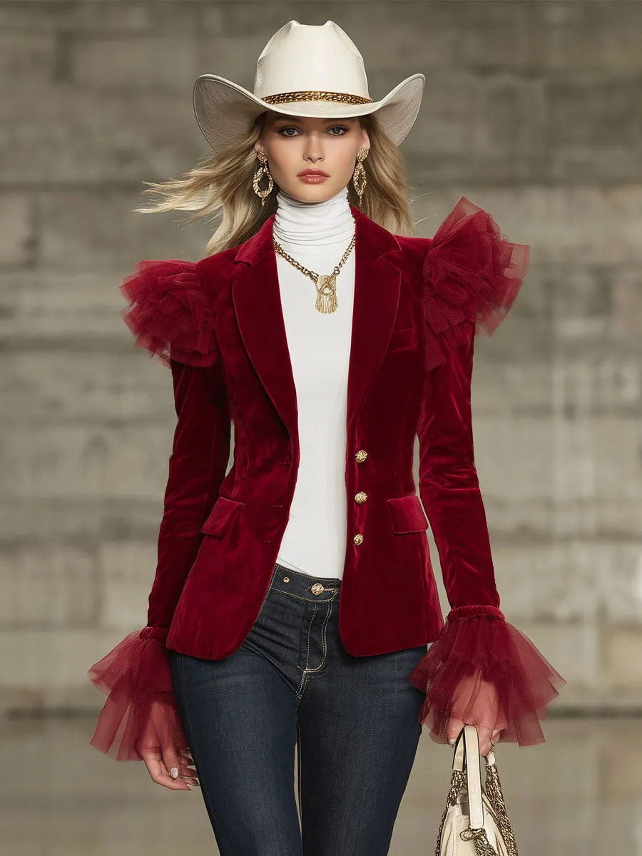 Lapel Single-breasted Tulle Ruffle Trim Velvet Blazer sold by Oyrosy product image thumbnail 4