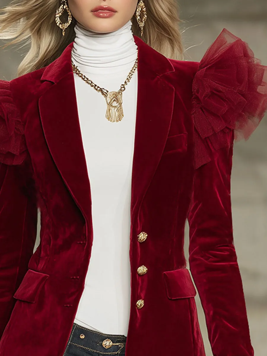 Lapel Single-breasted Tulle Ruffle Trim Velvet Blazer sold by Oyrosy product image thumbnail 2
