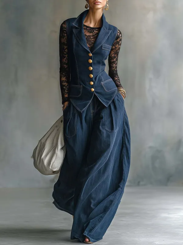 Vintage Exquisite Elegant Dark Blue Denim Notched Lapel Front Button Vest And Wide-leg Pants Set made by Oyrosy