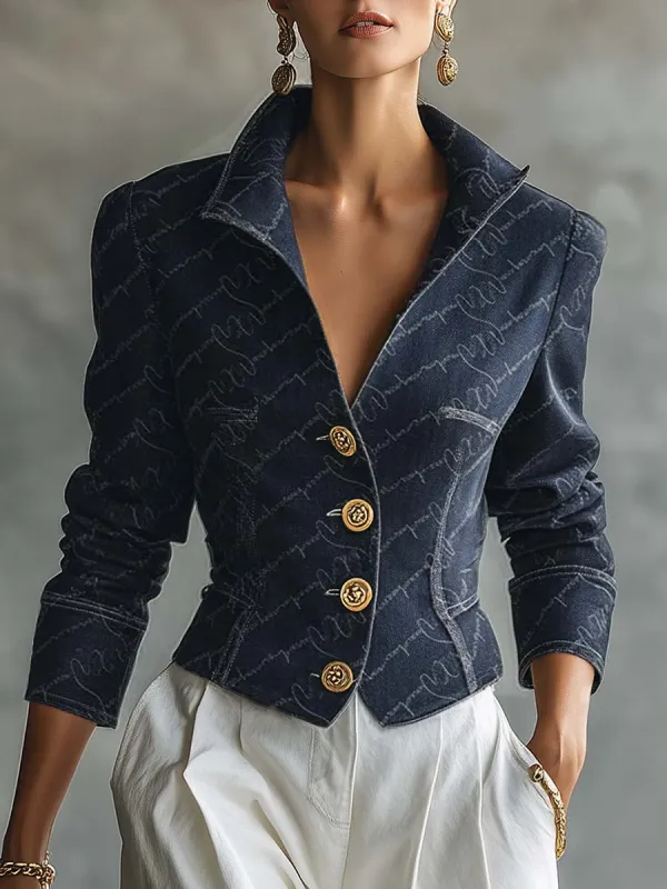 Vintage Fashion Lapel Front-button Printed Dark Blue Denim Short Jacket sold by Oyrosy