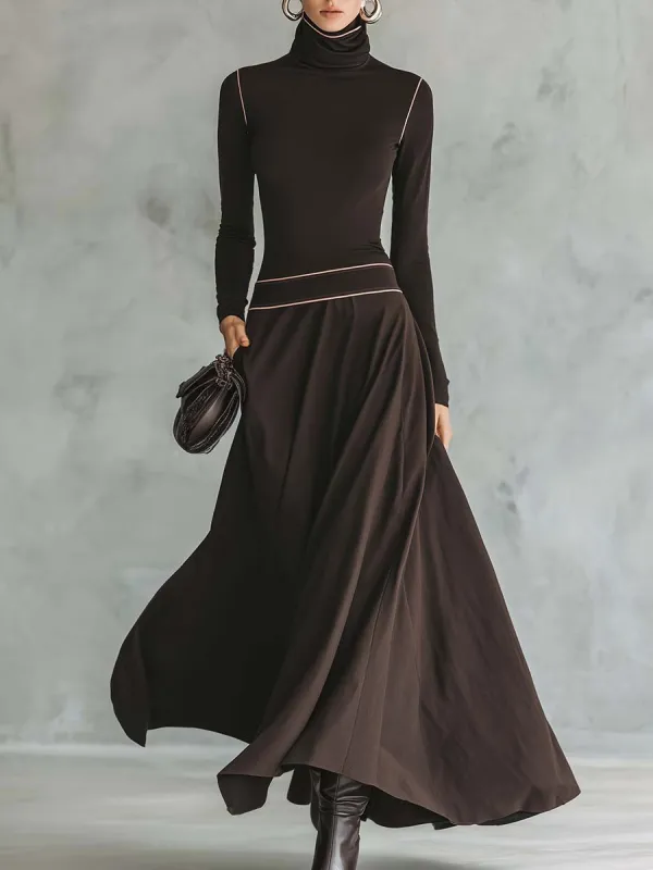 Retro Elegant Versatile High-necked Pink Trim Dark Brown Stretch Cotton Maxi Dress sold by Oyrosy