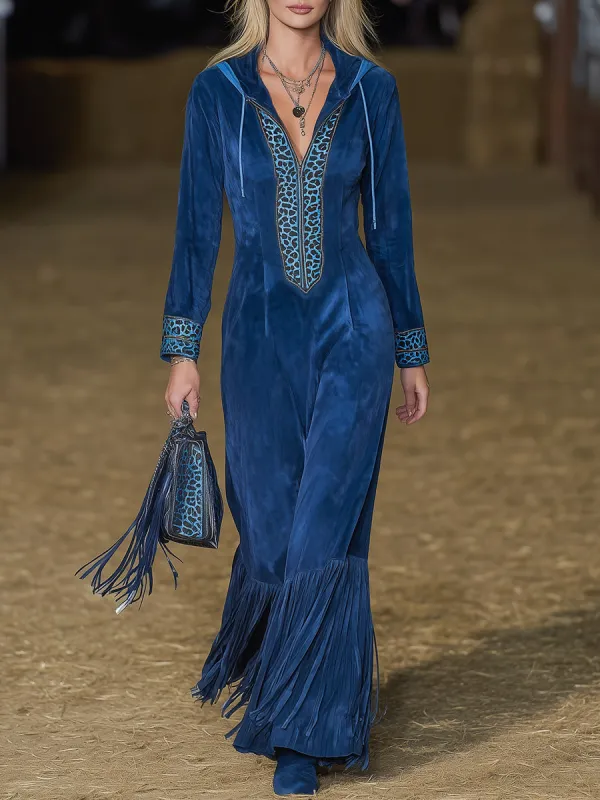 Western-style Blue Faux Suede Patchwork Leopard Print Tassel Maxi Dress sold by Oyrosy