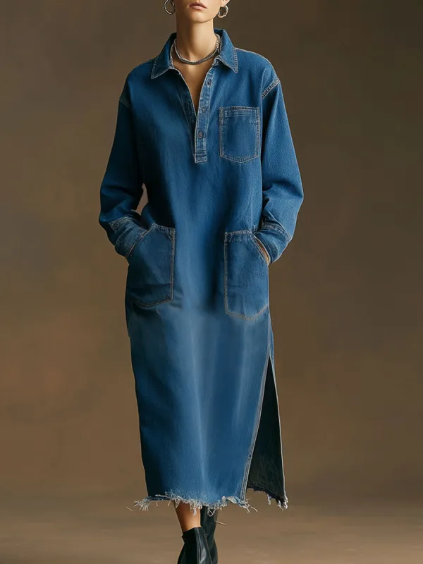 Casual Retro Frayed Slit Dark Blue Denim Long-sleeved Midi Dress sold by Oyrosy