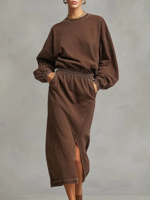 Sporty Retro Chocolate Washed Cotton Slit Midi Dress sold by Oyrosy