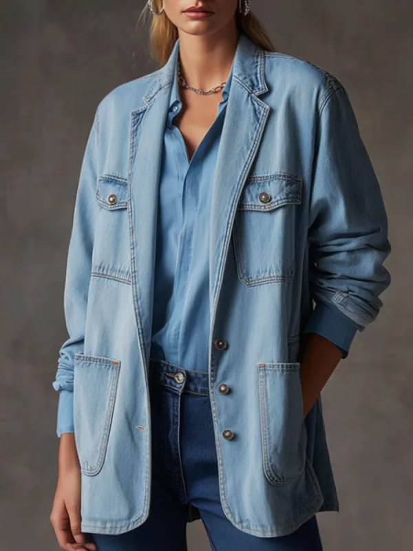 Casual Retro Multi-pocket Light Blue Denim Blazer sold by Oyrosy